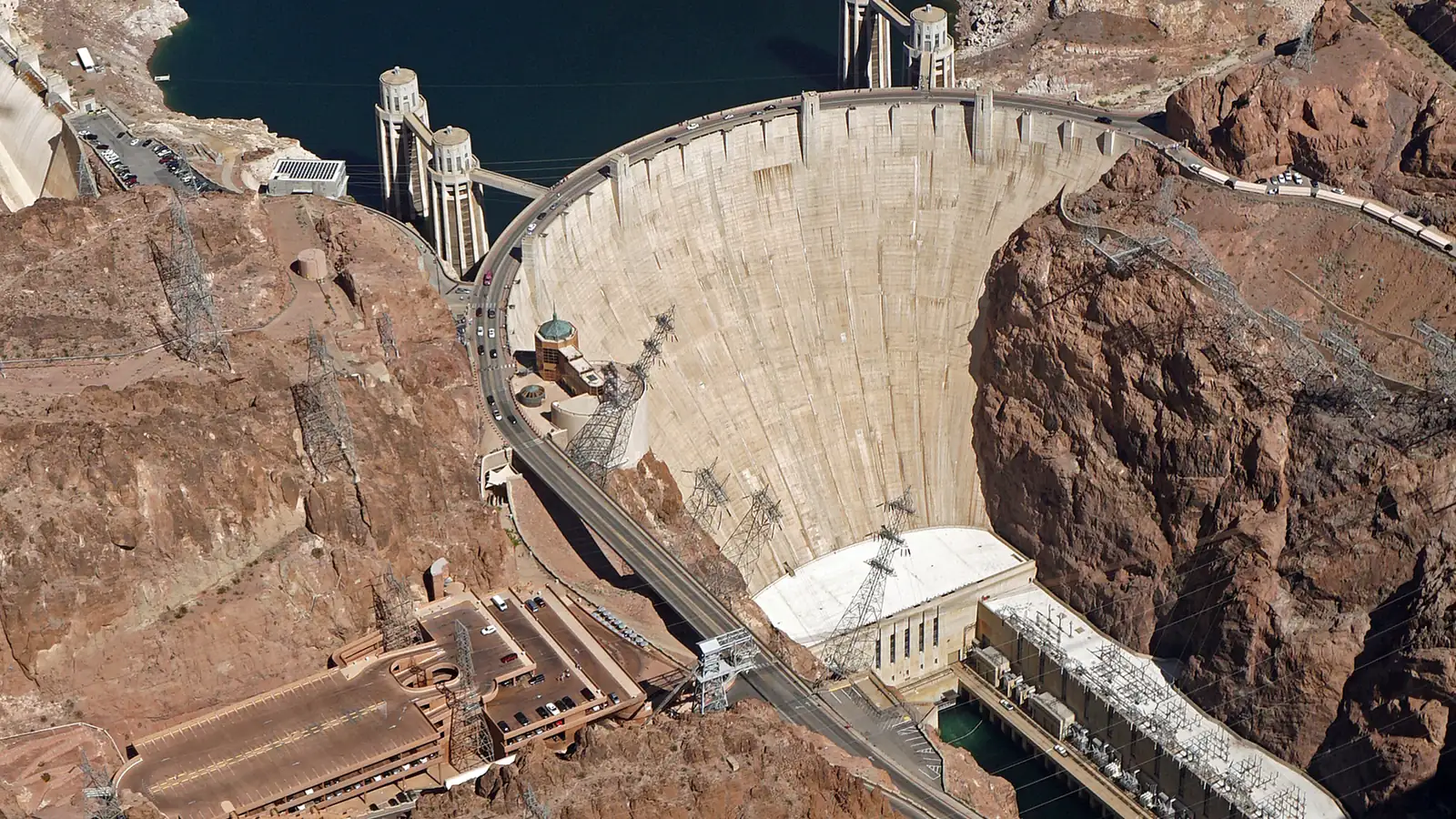 Aerial view of Hoover Dam and the Colorado River canyon near Boulder City