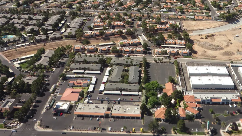 Aerial view of residential streets and commercial buildings in Henderson, Nevada