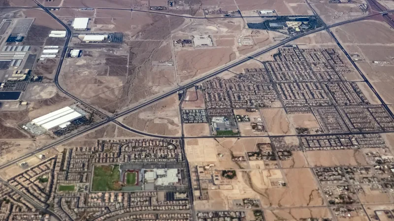 Aerial view of west Henderson, Nevada, with neighborhoods, roads and commercial buildings